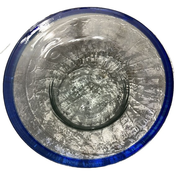 Cobalt Blue Rim Glass Bowl Handblown Mexican Serving Dish 11” Salad Chip Salsa - Picture 1 of 3